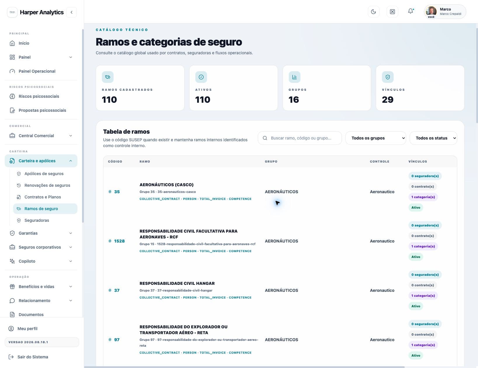 Captura real da interface /insurance-lines com dados de demonstração