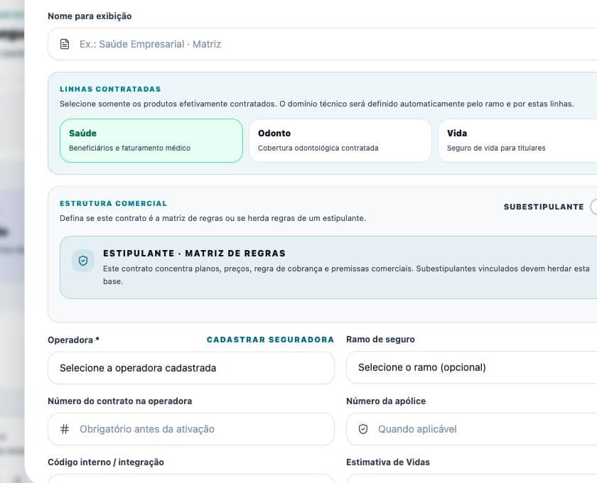 Formulário vazio com linhas contratadas, estrutura comercial, operadora e identificadores do contrato