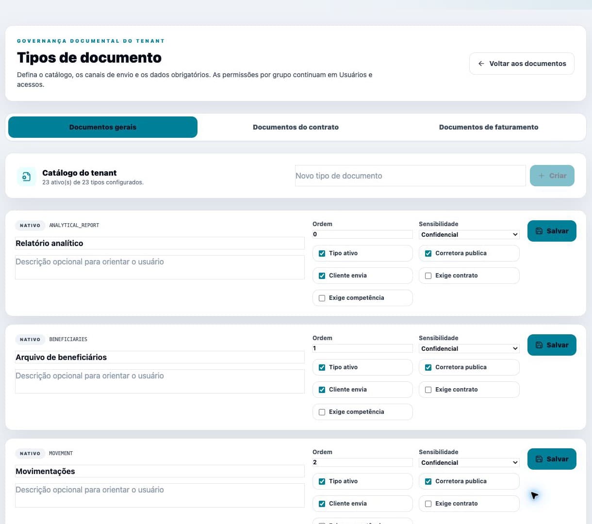 Captura relacionada à rota /documents/configuracao